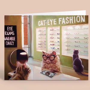 Carte humoristique chat, carte d'anniversaire chat illustrée, carte d'artiste chat drôle, carte d'art chat lunatique - mode oeil de chat - Lucia Heffernan Art