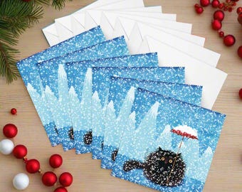 Fluffy Black Cat Christmas Card, Winter Blizzard, Pack of 6