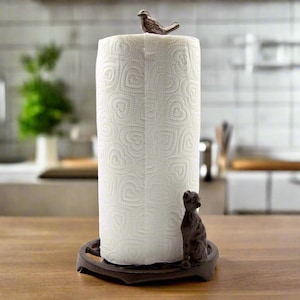 Suporte para rolo de papel higiênico de ferro fundido, gato e pássaro, presente para amantes de gatos, acessório de cozinha, presente para gatos para ela ou para ele