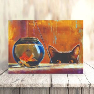 Verjaardagskaart grappige kat, schattige kat kaartillustratie, verjaardag kattenliefhebber, kattenvissen, meervallen, blanco binnenkant door kunstenaar Lucia Heffernan