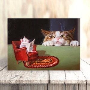 Carte d'art chat mignon chat et souris, carte d'art chat, carte chat lunatique, carte illustrée, carte chat excentrique - Je cherche juste par Lucia Heffernan