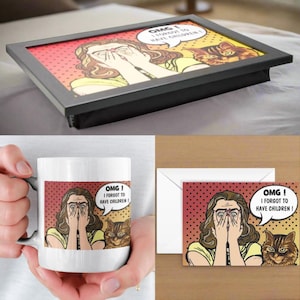 Conjunto de presente engraçado para amantes de gatos - caneca, bandeja de colo e cartão combinando - OMG, esqueci de ter filhos! Presente perfeito para mães de gatos e amantes do humor