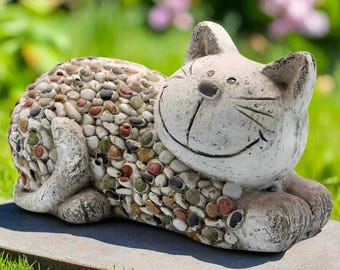 Pebble Cat Garden Ornament, Laying Cat Sculpture, Cat Lover Gift