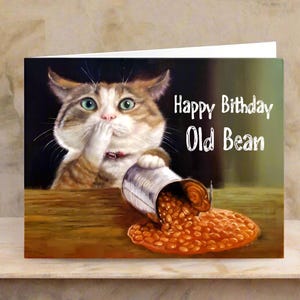 Carte d'artiste chat, carte d'art chat, carte de chat fantaisiste, carte illustrée, carte de chat originale, joyeux anniversaire vieux haricot par Lucia Heffernan