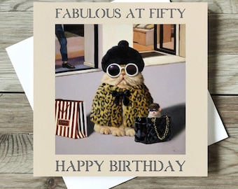 Funny 50th Birthday Card, Fabulous at 50, Crazy Cat Lady Card, Fiftieth, Cute Fifty and Fabulous Card for her by Artist Lucia Heffernan
