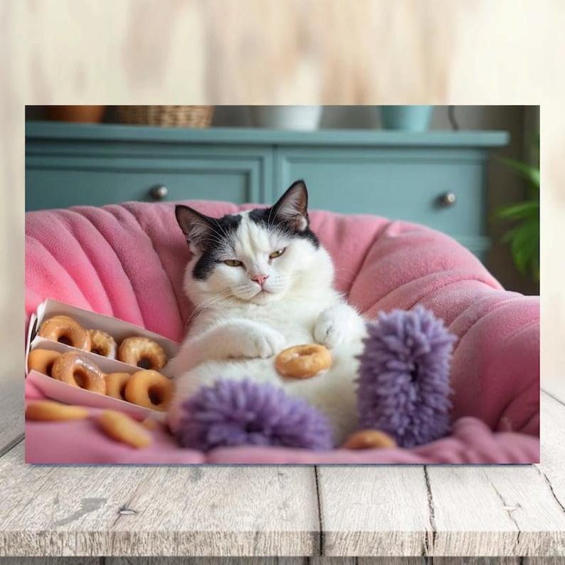 May include: A black and white cat with a donut in its paws, sitting in a pink armchair surrounded by donuts.