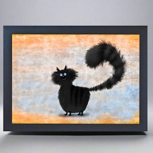 May include: A framed illustration of a cartoon black cat with a fluffy tail. The cat has blue eyes and a small red smile. The background has orange, blue, and white tones.