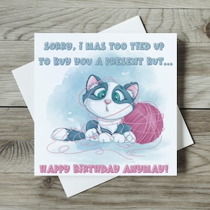 Carte drôle de chat, carte de chat mignon, carte désolé, carte d'anniversaire en retard, carte de dame de chat, carte drôle pour elle - carte de chat de mitaines