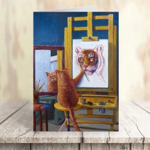 Kattenwenskaart, droom groot, motiverende kaart, aanmoedigingskaart, inspirerende kaart, kattenzelfportret Fine Art Card door Lucia Heffernan