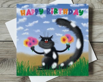 Carte d'anniversaire de chat noir et blanc, carte de chat mignon, carte d'amoureux des chats, carte d'amant de chat avec des chats, carte de voeux de chat, domino de chat de joyeux anniversaire