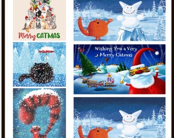 Pack of 6 Funny Christmas Cat Greeting Card, Santa Claws, Festive Feline Chaos, Purrfect Holiday Humour - Merry Catmas, Christmas Cards