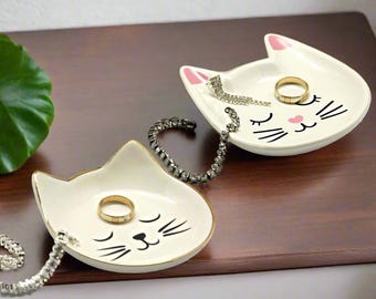Porta anillos con forma de cara de gato, de cerámica, oro blanco y rosa, con forma de cabeza de gatito, bandeja para joyas, regalo para amantes de los gatos, para mujeres y niñas.