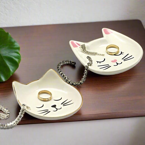 Portagioie A Forma Di Gatto In Ceramica, Set Da 2 Pezzi, Regalo Per Amanti Gatti, Colore Argento