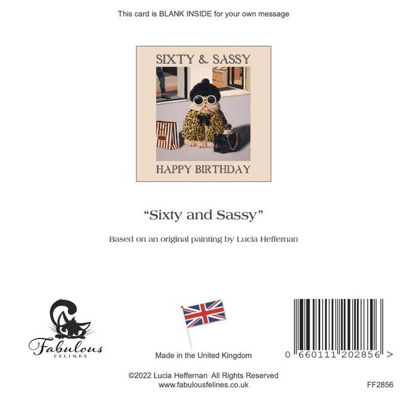 May include: A birthday card featuring a cartoon cat wearing sunglasses and a leopard print coat, holding shopping bags. The card says "Sixty & Sassy" and "Happy Birthday".