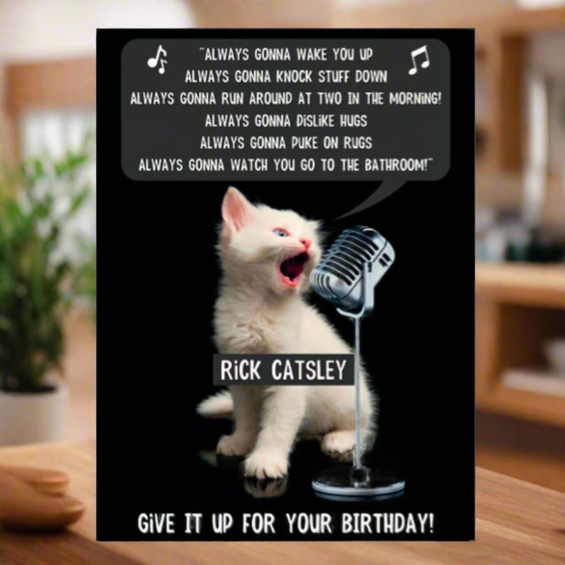 Pu&ograve; includere: Un gattino bianco con un microfono canta "Always gonna wake you up, always gonna knock stuff down, always gonna run around at two in the morning! Always gonna dislike hugs, always gonna puke on rugs, always gonna watch you go to the bathroom!" Il testo sotto il gattino dice "Rick Catsley Give it up for your birthday!"