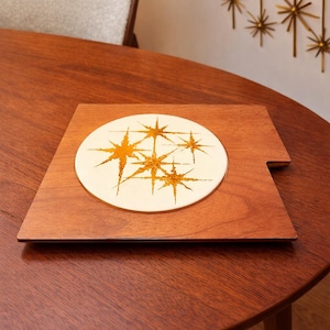 Mid Century Teak Trivet – 22k Gold Starburst Tile, Atomic Bar Decor