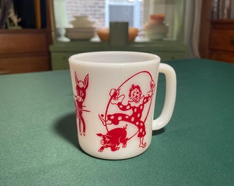 Vintage Hazel Atlas Circus Clown Mug – Red and White Milk Glass Children’s Cup