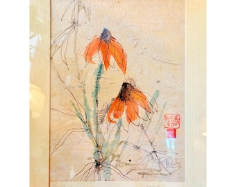 Peggy Trull Watercolor Coneflower Painting: Framed Botanical Art on Handmade Paper