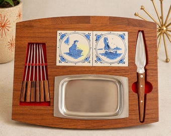 MCM Teak Cheese Board Set New in Box Japan Tile Inlay Charcuterie Serving Tray