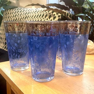 Rare Vintage Culver Blue & Gold Floral Highball Glasses – Set of 5 Etched Cobalt Tumblers with 22k Gold Scroll Rim – Mid Century Barware
