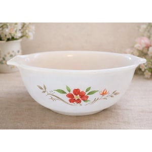 Vintage Glasbake Primrose Mixing Bowl, Red Floral J235, 1.5 Qt Milk Glass Kitchen Decor