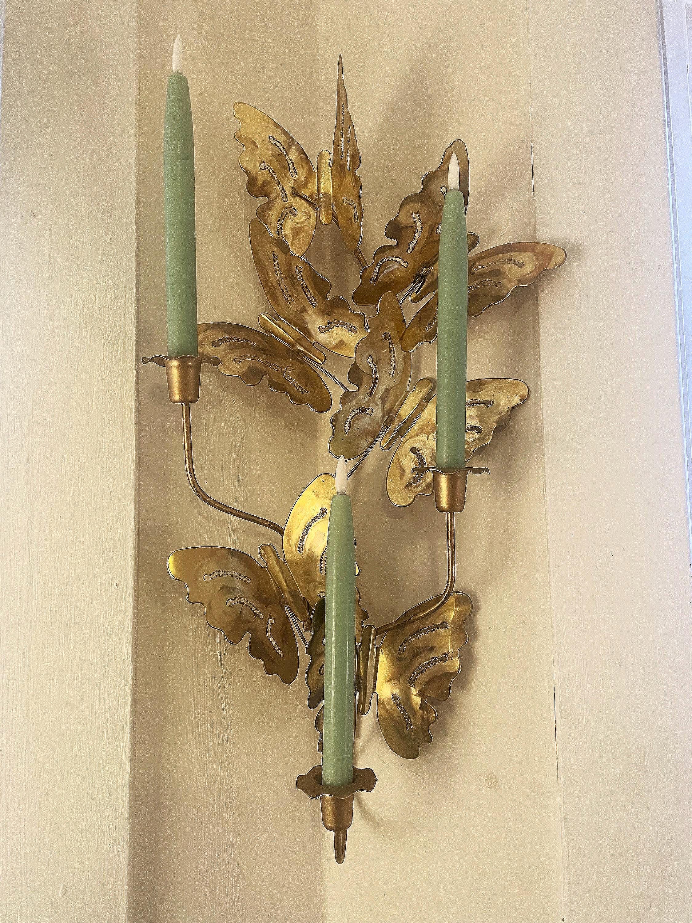 Vintage Brass Butterfly Wall Sconce: Mid-Century Modern Candle Holder