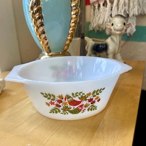 Vintage Arcopal France French Pyrex Milk Glass Casserole Dish — Red Bird Floral Pattern, 1.5 Quart Baking Dish