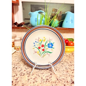 May include: A white ceramic plate with a floral design featuring blue, red, and yellow flowers. The plate has a brown and blue border. It is displayed on a white metal stand.