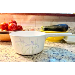 May include: White saucepan with a long handle and floral iris design in light purple and green. The pan is on a speckled countertop, with tomatoes, zucchini, and other kitchen items in the background.