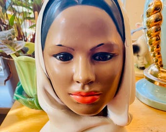 1950s Marwal Chalkware Bust: Mid-Century Woman in Headscarf Sculpture