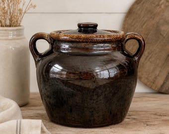 Vintage Large USA Bean Pot Brown Drip Glaze Crock With Lid Rustic Farmhouse