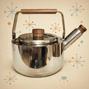 Farberware Model 763 Vintage Stainless Steel Teakettle 1.5 Qt Mid-Century Modern Wood Handle 18-8