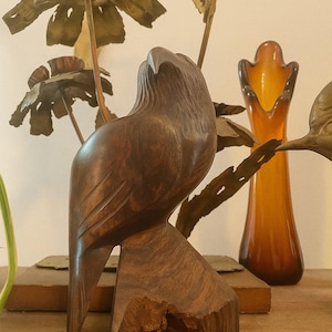 Vintage Hand-Carved Eagle Sculpture – Solid Hardwood Folk Art Bird | Mid-Century Modern Rustic Decor | Heavy Wood Animal Figurine