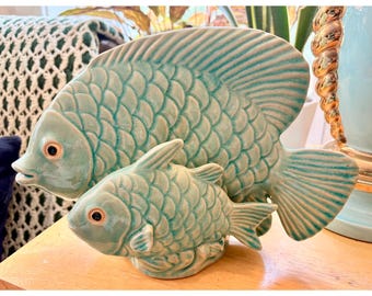 Vintage Japanese Ceramic Fish Figurine: Mid-Century Aqua Glazed Double Fish Statue