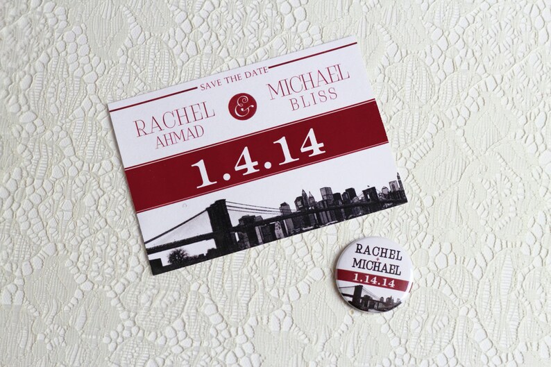 New York City NYC Save the Date Magnet Brooklyn Bridge Wedding Invitation Skyline Silhouette Red and Black Ampersand Invite Destination