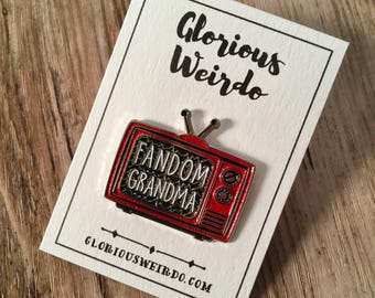 Fandom Grandma Pin, Fandom Gift, Fangirl Enamel Pin, Vintage TV, Atomic Age, Fan Gift, Glorious Weirdo, Red Glitter, Soft Enamel