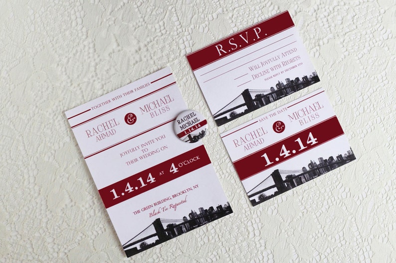 New York City NYC Save the Date Magnet Brooklyn Bridge Wedding Invitation Skyline Silhouette Red and Black Ampersand Invite Destination