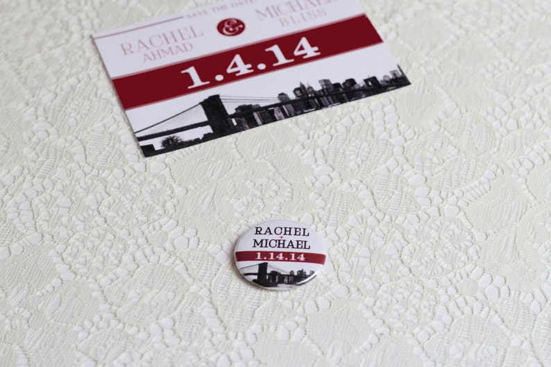 New York City NYC Save the Date Magnet Brooklyn Bridge Wedding Invitation Skyline Silhouette Red and Black Ampersand Invite Destination