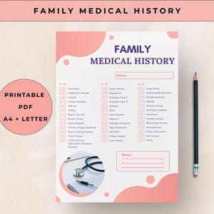 Lista de verificação de histórico médico familiar para impressão, encarte de pasta médica, rastreador de doenças familiares, registro de doenças hereditárias, tamanho A4 US Letter