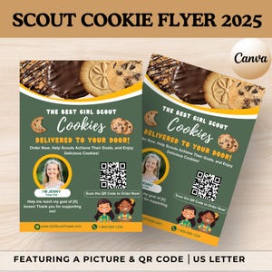 Girl Scout Cookie Flyer 2025, bearbeitbares QR-Code-Bestellformular & Cookie-Menü-Standschild für ABC-Verkäufe, perfekt für Fundraiser-Veranstaltungen