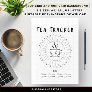 May include: Printable tea tracker with a black and white design. The tracker is a circle with numbers 1-31 around the outside. Inside the circle is a black and white illustration of a teacup with steam coming from it. The text "TEA TRACKER" is at the top of the page. Below the circle is a key with checkboxes for 0-7 cups of tea.