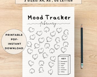 Februar Stimmungstagebuch, A5 druckbare Bullet Journal Einlage (digitaler Download)