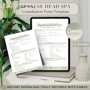 Könnte beinhalten: Eine digitale Vorlage für ein Wellness-Check-in-Formular für ein japanisches Kopf-Spa. Das Formular ist für die Verwendung mit Canva konzipiert und enthält Abschnitte für Kundeninformationen, den aktuellen Wellness-Status und die wichtigsten Anliegen. Die Vorlage steht zum sofortigen Download bereit und ist vollständig editierbar.