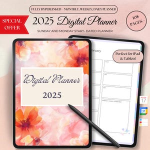 Puede incluir: Una agenda digital para 2025 con un diseño floral en la portada. La agenda está abierta a una vista semanal con una sección para objetivos semanales. El texto "Digital Planner 2025" es visible en la portada. El texto "Perfecto para iPad & Tabletas!" es visible en la vista semanal.