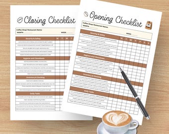 May include: Two checklists, "Closing Checklist" and "Opening Checklist", with brown headings and text, are displayed on a wooden surface. A pen rests on the "Opening Checklist" next to a cup of coffee with latte art.