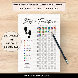 May include: A printable steps tracker with a dot grid background. The design includes a colorful step count key, footprints, and the text "Steps Tracker." The tracker is available in A4, A5, and US Letter sizes. A pencil rests on the right side of the page.