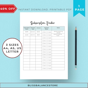 Abonnement-Tracker zum Ausdrucken: Haushaltsplaner (A4 / A5 Letter Size PDF)