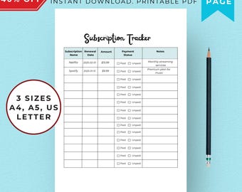 Subscription Tracker Printable: Budget Planner (A4/A5 Letter Size PDF)