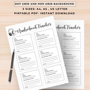 Könnte beinhalten: Zwei druckbare Audiobook-Tracker-Blätter mit Punktraster-Hintergrund. Jedes Blatt enthält Felder für Titel, Autor, Hörfortschritt, wichtige Erkenntnisse und Bewertung. Enthält den Text "Audiobook Tracker" und "3 Größen: A4, A5, US Letter".