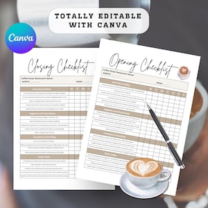 Fully Editable Coffee Shop Checklist, Printable Template for Opening and Closing Shifts, Digital Download, Restaurant Bar Checklist